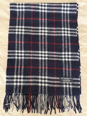 Burberry Navy, White & Red Plaid Scarf - Classic Check Fringe